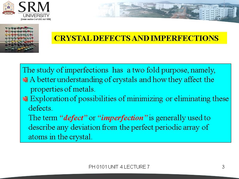 PH 0101 UNIT 4 LECTURE 7 3 CRYSTAL DEFECTS AND IMPERFECTIONS The study of